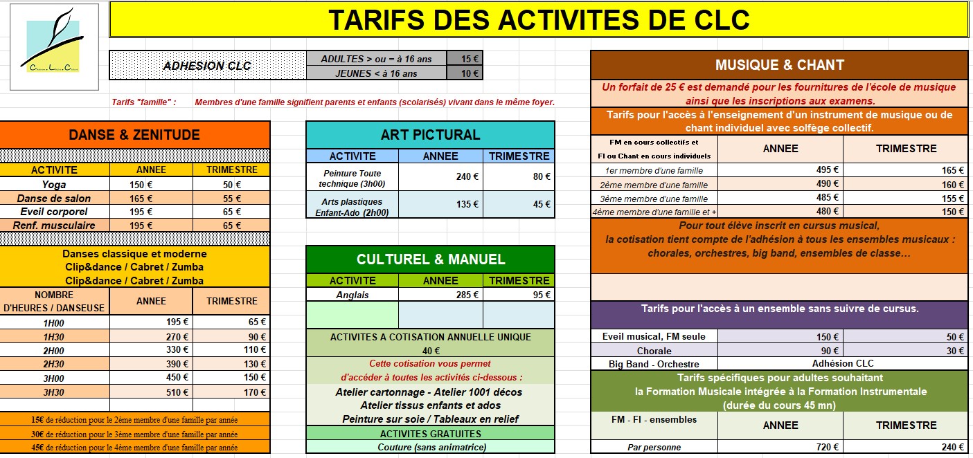 Tarifs CLC 2022-2023